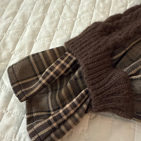 Gabby Isabella Brown Cable Knit Plaid Sleeve Button Front Cropped Cardigan Sweat - Picture 12 of 12